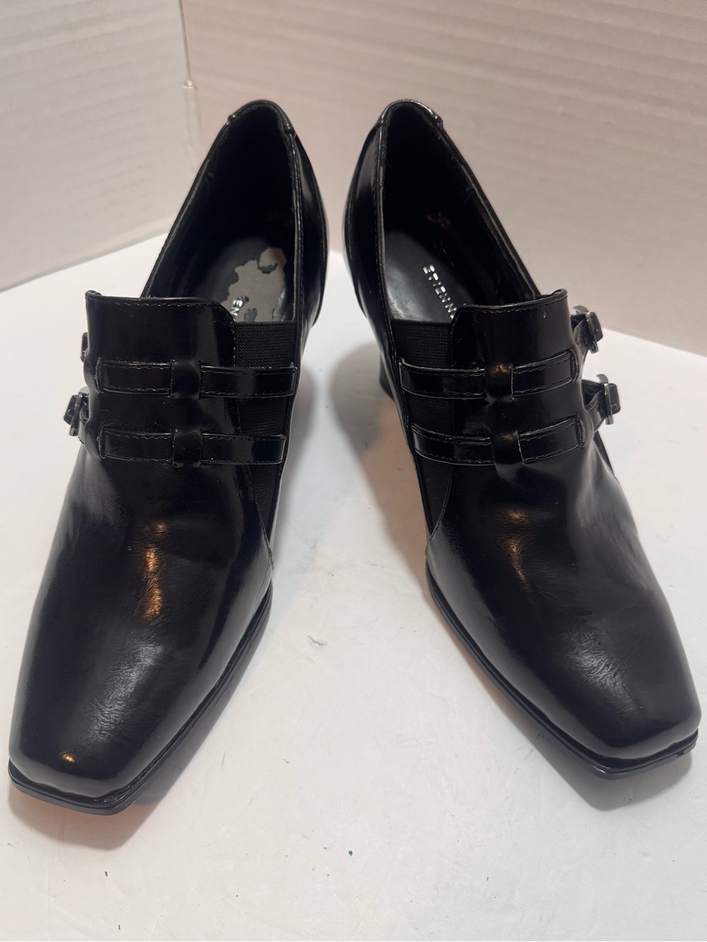 Etienne Aigner Black Heeled Loafers Double Buckle Strap Square Toe Pumps 8.5M